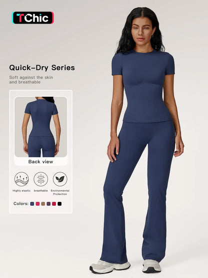Women's Sporty Two-Piece Activewear Set: Quick-Dry Slim Fit T-Shirt and High Waist Yoga Pants in Soft, Skin-Friendly Fabric for All-Season Wear