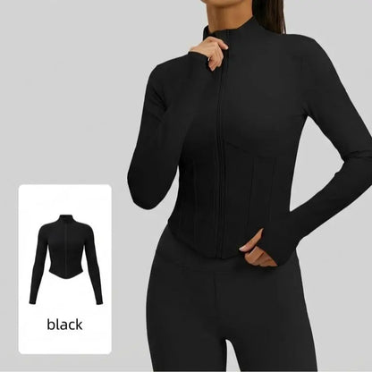 Xelle Women’s Slim Fit Cropped Sports Jacket – Full Zip Activewear with Thumbholes & Contoured Rib Design