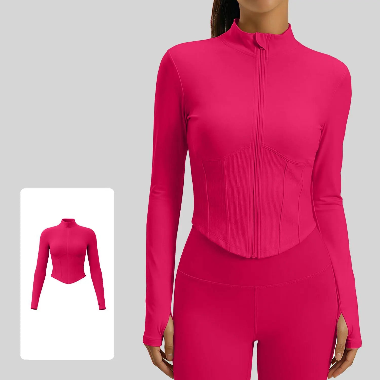 Xelle Women’s Slim Fit Cropped Sports Jacket – Full Zip Activewear with Thumbholes & Contoured Rib Design