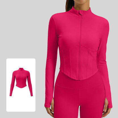 Xelle Women’s Slim Fit Cropped Sports Jacket – Full Zip Activewear with Thumbholes & Contoured Rib Design