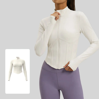 Xelle Women’s Slim Fit Cropped Sports Jacket – Full Zip Activewear with Thumbholes & Contoured Rib Design